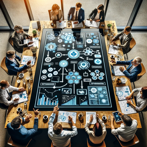 DALLE 2024 Ein intensiver Workshop mit einem Beraterteam das um einen Tisch mit einem interaktiven Touchscreen Tisch sitzt auf dem Geschäftsprozesse dargestellt sind.